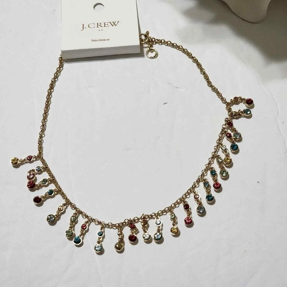 J. Crew Gold Tone Multicolor Crystal Fringe‎ Dangle Statement Necklace NEW